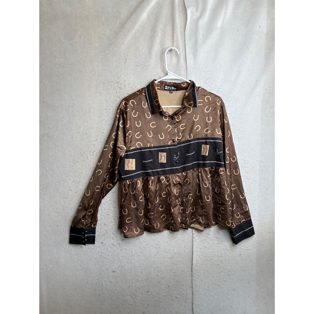 2 Fly Co Womens Western Horseshoe Print Peplum Blouse Brown Satin L/XL 8848